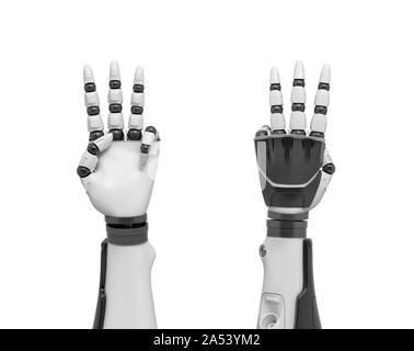 3D-Rendering von zwei roboterarmen mit allen Fingern heraus, außer dem Daumen und den kleinen Finger Finger. Stockfoto