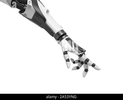 3D-Rendering von einem Roboterarm mit den Fingern die Hälfte geringelt und der Zeigefinger darauf hingewiesen. Stockfoto