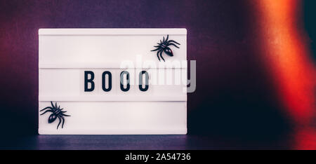 Halloween themed Kino Leuchtkasten auf der dunkel getönt Hintergrund mit dekorativen Spinnen. Banner wide screen Format Stockfoto