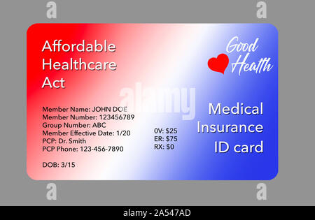Hier ist ein mock Generische erschwingliche Gesundheitsversorgung Handeln Krankenversicherung ID-Karte. Stockfoto