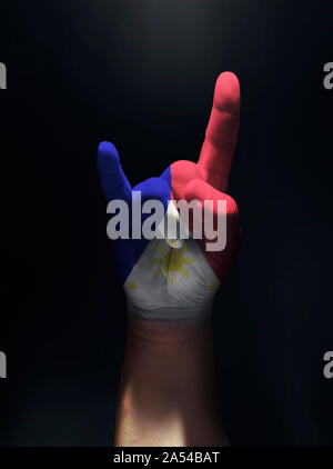 Rock und Roll Hand in der philippinischen Flagge in schwarz isoliert Hintergrund gemalt. Stockfoto