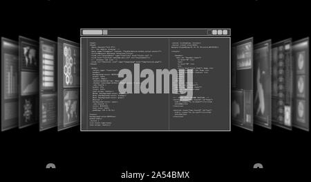 Hologramm-Bildschirm angezeigte HTML-Codes in schwarzen Hintergrund Overlay. Stockfoto