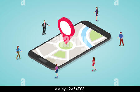 Gps-Navigation Konzept mit Menschen und Smartphone und Karten und Marker mit modernen isometrische Flat Style-Vector Illustration Stockfoto