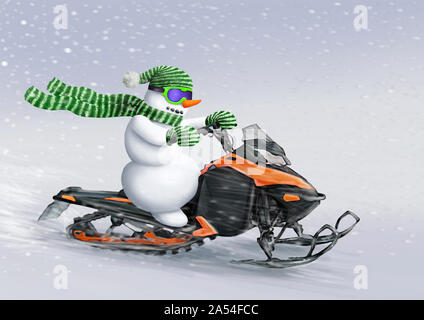 Schneemann fährt ein Schneemobil. Grußkarte für Weihnachten und Neujahr. Winterthema. Stockfoto