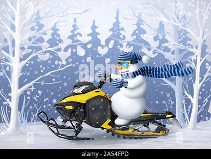 Schneemann auf einem Schneemobil fährt durch den Winterwald. Illustration für Weihnachten und Neujahr. Wintersport und Unterhaltung. Stockfoto