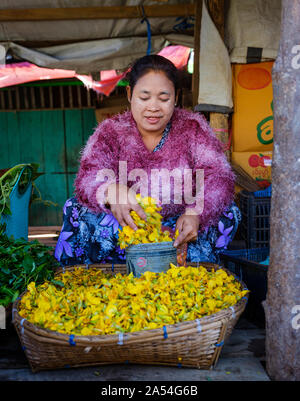 MRAUK U, MYANMAR - ca. Dezember 2017: Portrait eines burmesischen Frau in der MRAUK U Markt. Stockfoto