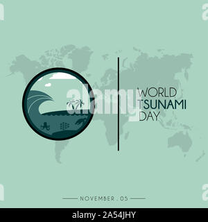 Welt Tsunami Tag Symbol vektor design, von der Küste und der Meeresfauna mit Weltkarte sichtbar Stockfoto