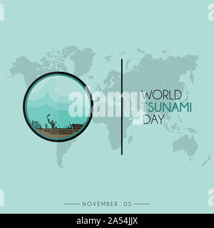 Welt Tsunami Tag Symbol vektor design, aus dem Meeresboden und Sea Life mit Weltkarte sichtbar Stockfoto