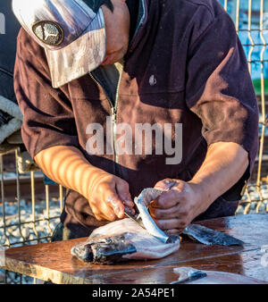 Valparaiso, Chile - 2019-07-30 - Fischer Filets frisch gefangenen Fisch. Stockfoto