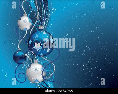 Weihnachten Hintergrund mit blauen und silbernen Kugeln. Stock Vektor