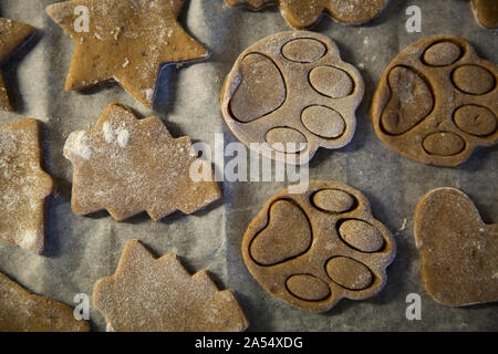 Fach der traditionellen Weihnachten Ingwer Cookies, Cookies in verschiedenen Formen. Ansicht von oben, aus der Nähe. Stockfoto