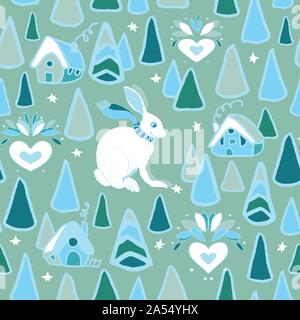 Gemütliche Winter Forest weihnachten Muster mit Hand gezeichnet Baum, Cottage und snow Bunny in Blau und eisige Töne auf stumm geschaltet. Gerne Design für Ihren perfekten Winter- und Weihnachtszeit. Stock Vektor