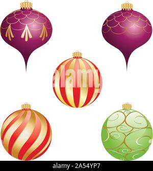 Bunte glänzende Weihnachtsverzierungen auf weißem Hintergrund. Stock Vektor