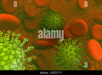 Virus, der die Blutzellen. 3D-Darstellung Stockfoto