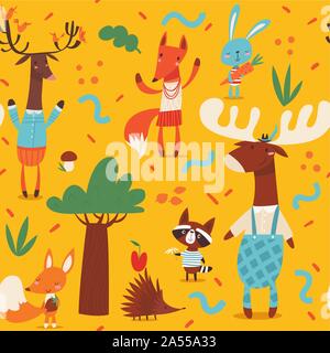Vektor helle nahtlose Muster in kids Stil mit Cartoon wilden Wald Tiere Stock Vektor
