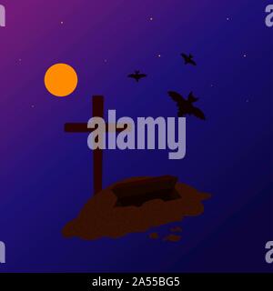 Einer ausgegrabenen Grab, einem offenen Sarg auf einer mondhellen Nacht, Fledermäuse in den Himmel. Happy Halloween Abbildung Stockfoto