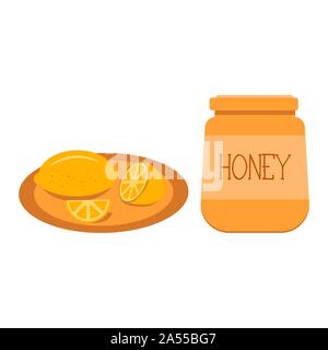 Einen Krug Honig ein natürliches Produkt von Bienen. Eine Platte der Zitrone, Hilfe bei Erkältungen, eine leckere und gesunde Nachspeisen und Obst, Grippe Prävention. Bunte krank Stockfoto