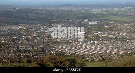 Luftaufnahme der Accrington Skyline und Stadtzentrum, Lancashire, Großbritannien Stockfoto