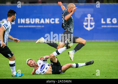 RIGA, Lettland. 17 Juli 2019. Dean Jarvis (L) und Roman Debelkoe (R), während der UEFA Champions League Runde 1 2 bein Fußball-Spiel zwischen RIGA FC und DUNDALK FC. Skonto Stadion, Riga Stockfoto