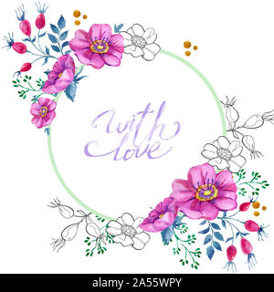 Kranz von Rosen und Hagebutten Aquarell, handgefertigt. Als Hintergrund für Webseiten, Hochzeit Einladungen, Grußkarten, Textil Stockfoto