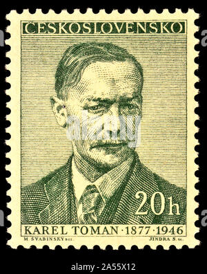 Tschechische Briefmarke (1957): "Schriftsteller und Dichter'-Serie. Karel Toman (Antonín Bernášek: 1877-1946) tschechische Dichter, Journalist und Übersetzer aus dem Französischen, Stockfoto