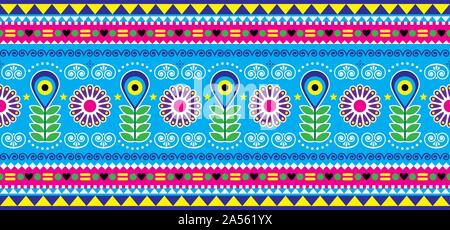 Pakistanischen oder Indischen Lkw kunst Vektor nahtlose lange Muster, dekorative Blumen Ornament, blau und pink Design mit Blüten, Blätter und abstrakte Form Stock Vektor