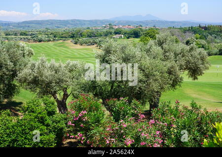 COSTA NAVARINO, Griechenland-6 JUN 2019 - Blick auf den Golfplatz an der Costa Navarino, A Luxury Resort Komplex (Westin und Romanos Hotels von Marriott verwaltet werden). Stockfoto