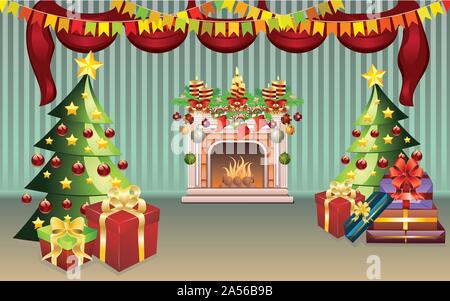 Cartoon Wohnzimmer Innenraum für Weihnachten dekoriert. Stock Vektor