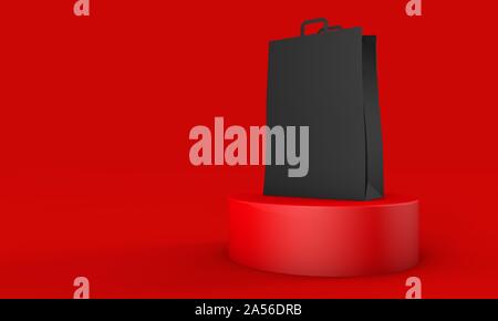Schwarzes Papier Shopping Bag auf einem roten Hintergrund. Schwarzer Freitag verkauf Veranstaltung. 3D-Rendering Stockfoto