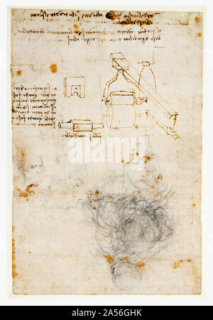 Leonardo Da Vinci, Leiter eines alten Mannes und Studien von Maschinen, Zeichnung, 1503-1506 Stockfoto