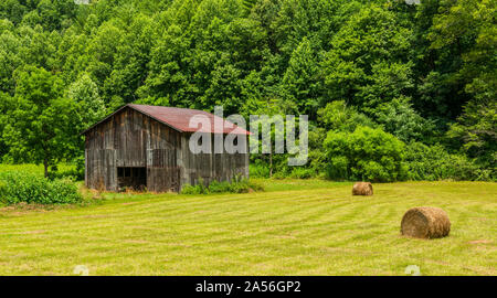 North Carolina Scheune mit Rundballen in Feld 6. Stockfoto