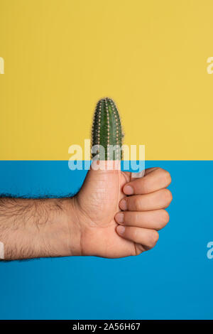 Studio shot von der Hand des Menschen, der Daumen hoch, der Daumen ist durch ein Kaktus ausgetauscht, gegen ein gelber und blauer Hintergrund Stockfoto