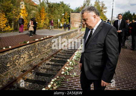 18. Oktober 2019, Berlin: Jeremy Issacharoff, Botschafter des Staates Israel in Deutschland, steht an der Plattform entlang den Spuren der Gedenkstätte "Gleis 17" im Stadtteil Grunewald. Vom S-Bahnhof Grunewald, Deportation Züge mit Berliner Juden nach dem Osten von Herbst 1941 bis voraussichtlich Frühjahr 1942. Seit 1998 ist die Gedenkstätte "Gleis 17" erinnert an die Transporte der Deutschen Reichsbahn. Vor 78 Jahren, der erste Berliner Verkehr mit mehr als 1.000 jüdische Kinder, Frauen und Männer links Grunewald Station in Richtung Litzmannstadt (· Ód ·). Foto: Carsten Koall/dpa Stockfoto