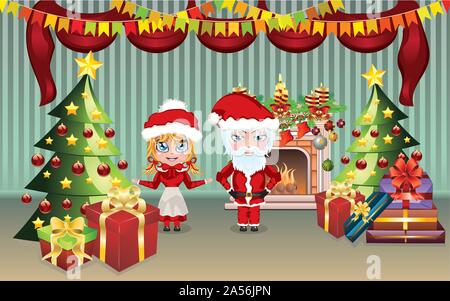 Cartoon Santa und Frau Claus im Wohnzimmer für Weihnachten dekoriert. Stock Vektor
