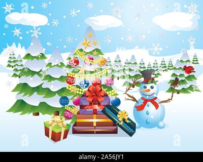 Happy Schneemann mit geschmückten Weihnachtsbaum, verschneite Winterlandschaft. Stock Vektor