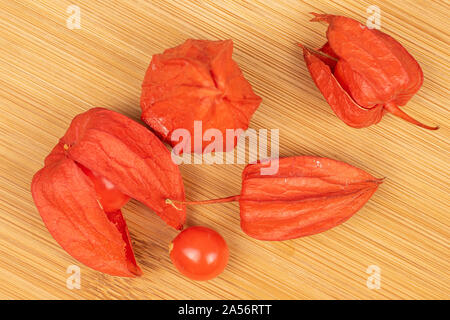 Gruppe von fünf ganze Frische orange Physalis flatlay auf hellem Holz. Stockfoto