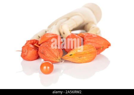 Menge ganze Frische orange Physalis mit hölzernen Hand auf weißem Hintergrund Stockfoto