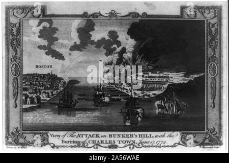 Blick auf den Angriff auf die Bunker Hill, mit der Verbrennung von Charles Town, 17. Juni 1775 Abstract: Drucken zeigt vier britische Kriegsschiffe Landung Truppen und Schießen auf Charlestown, einem Britischen Batterie auf der Copp Hügel in Boston auch Brände in Charlestown, die in Flammen steht, zeigt auch der Angriff auf den Bunker Hill. Stockfoto