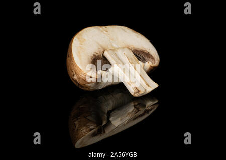 Die Hälfte der frischen braunen Pilz Champignon auf schwarzem Glas isoliert Stockfoto