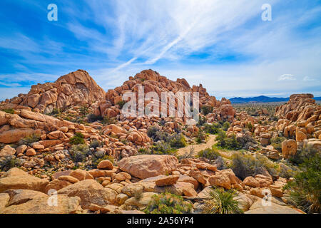 Felsformationen an der Einfahrt zu Box Canyon, Joshua Tree National Park. Stockfoto