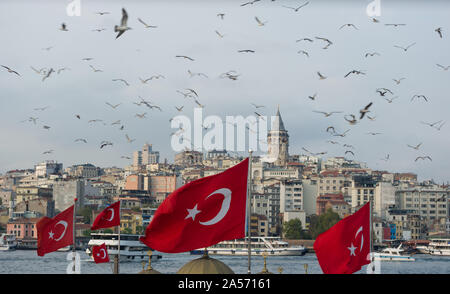 Galata Tower in Istanbul mit dem Bild von Möwen und türkische Flaggen Stockfoto