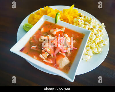 Ecuador Essen: Fisch Ceviche, rohen Fisch. mit Popcorn und plaintain. Stockfoto