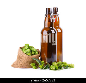 Glasflaschen für Kraftpapier Bier mit frischen grünen Zweig der Hopfen, auf weißem Hintergrund. Stockfoto
