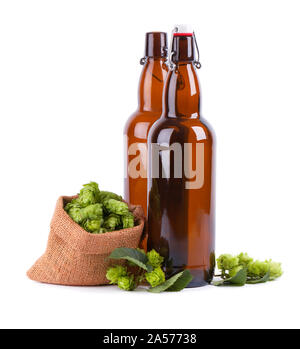 Glasflaschen für Kraftpapier Bier mit frischen grünen Zweig der Hopfen, auf weißem Hintergrund. Stockfoto