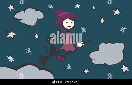 Simple Hexe Besen cat rosa Kleid Nacht Stars Wolken  durch jziprian Stock Vektor