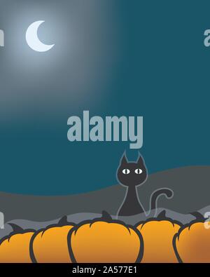 Silhouette Kürbis Feld cat Half Moon Blau Nebel Halloween Thema   durch jziprian Stock Vektor
