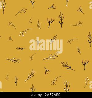 Abstrakte schwarze Blüten auf Gold gelb nahtlose Vektor Natur Herbst Hintergrund. Stilisierte wildflower Gras formen Herbst Muster. Whimsical Muster für Stock Vektor