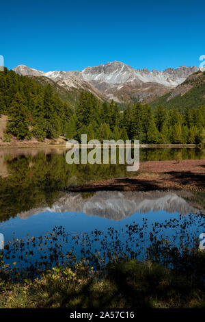 Lac de Saint Hubert, Queyras. Hautes-Alpes. Frankreich. Dargestellt in den Herbst. Berge Reflexion. Stockfoto