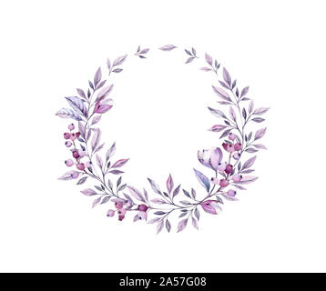 Aquarell blumen Kranz mit lila Anemone Knospen. Handbemalte realistische botanischen Abbildung. Blumen, Blätter, Beeren isoliert auf Weiss für Stockfoto