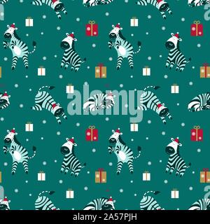 Festliche nahtlose Muster mit cartoon Zebras und Geschenke auf grünem Hintergrund. Nettes Design für Weihnachten und das neue Jahr Geschenkpapier. Vector Illustration Stock Vektor
